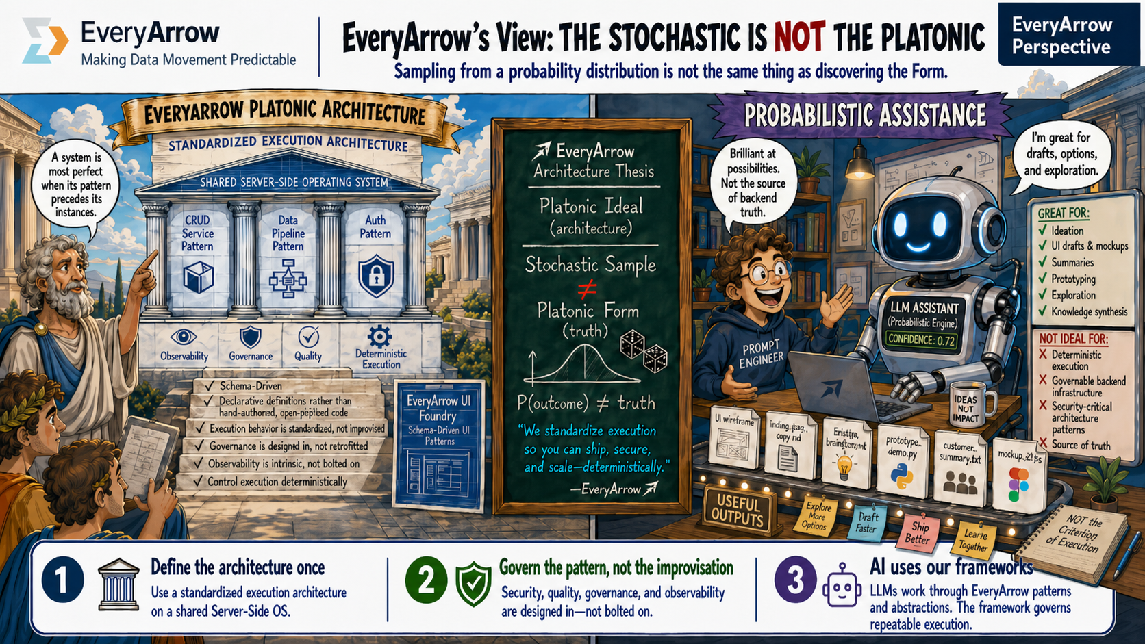 EveryArrow perspective contrasting deterministic architecture with probabilistic AI assistance