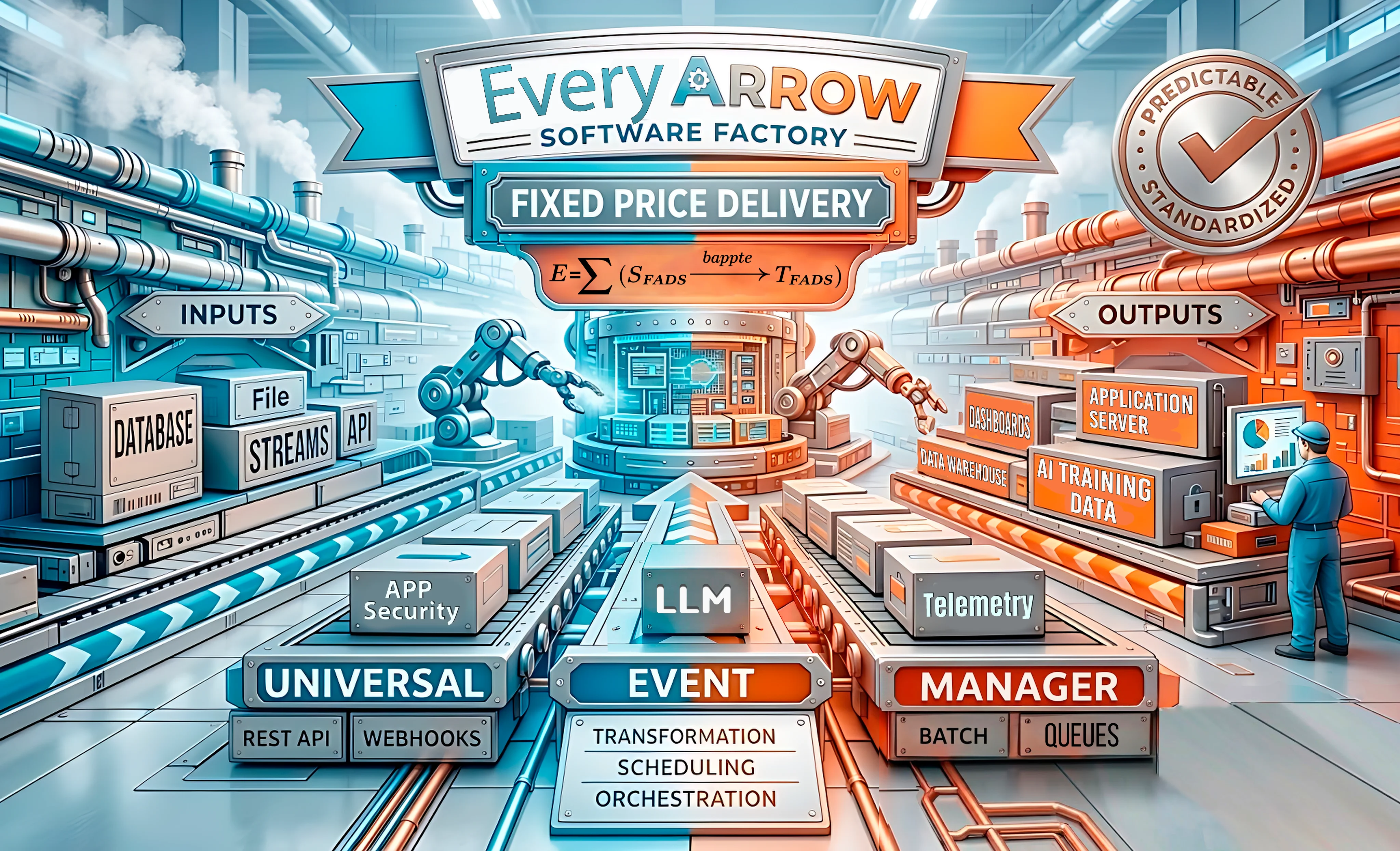 EveryArrow Software Factory architecture showing metadata-driven inputs, Universal Event Manager, and governed outputs